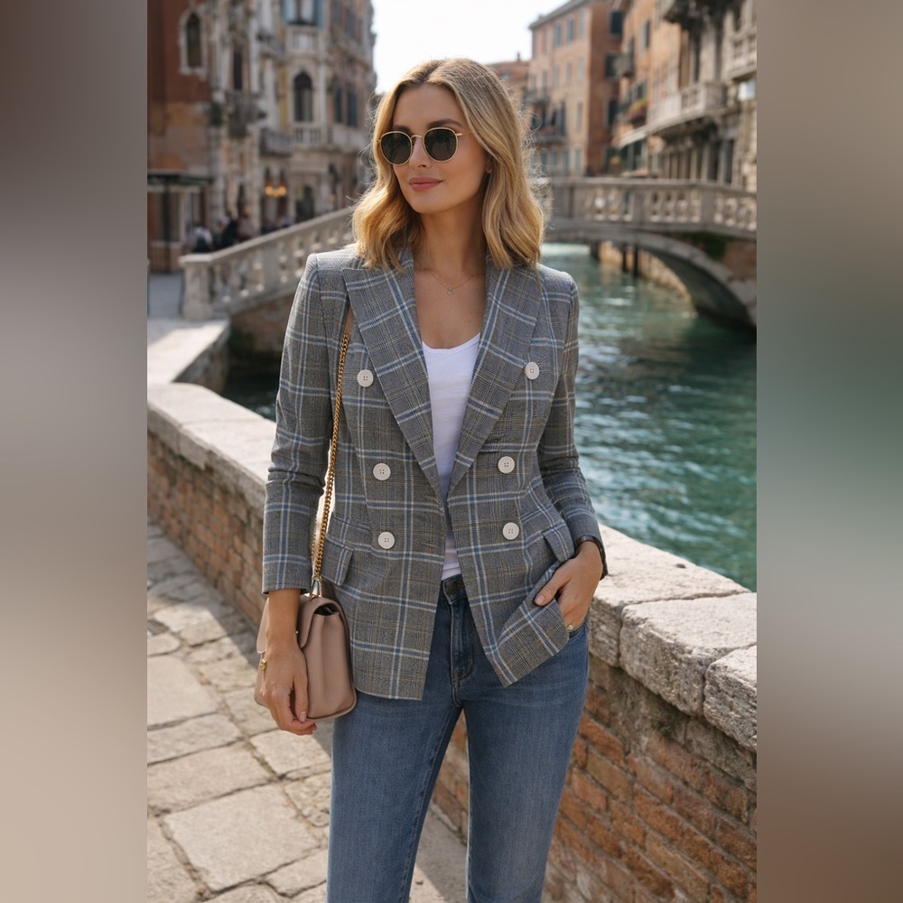 Circolo 1901 Double Breasted Plaid Blazer Blue Gray Made in Italy